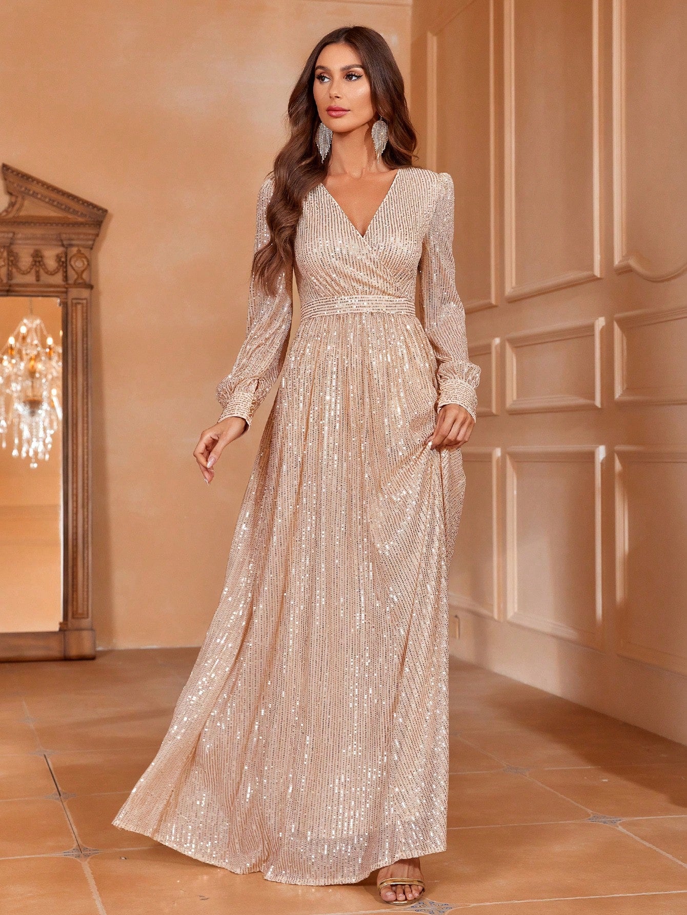 Surplice Neck Lantern Sleeve Sequin Party Dress